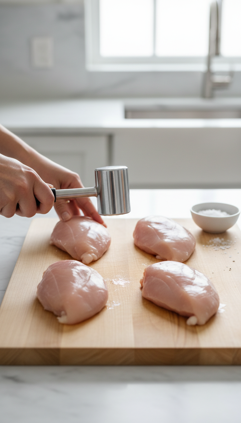 Four Boneless Chicken Breasts On A Wooden Cutting Board With One Being Flattened By A Metal Meat Mallet.