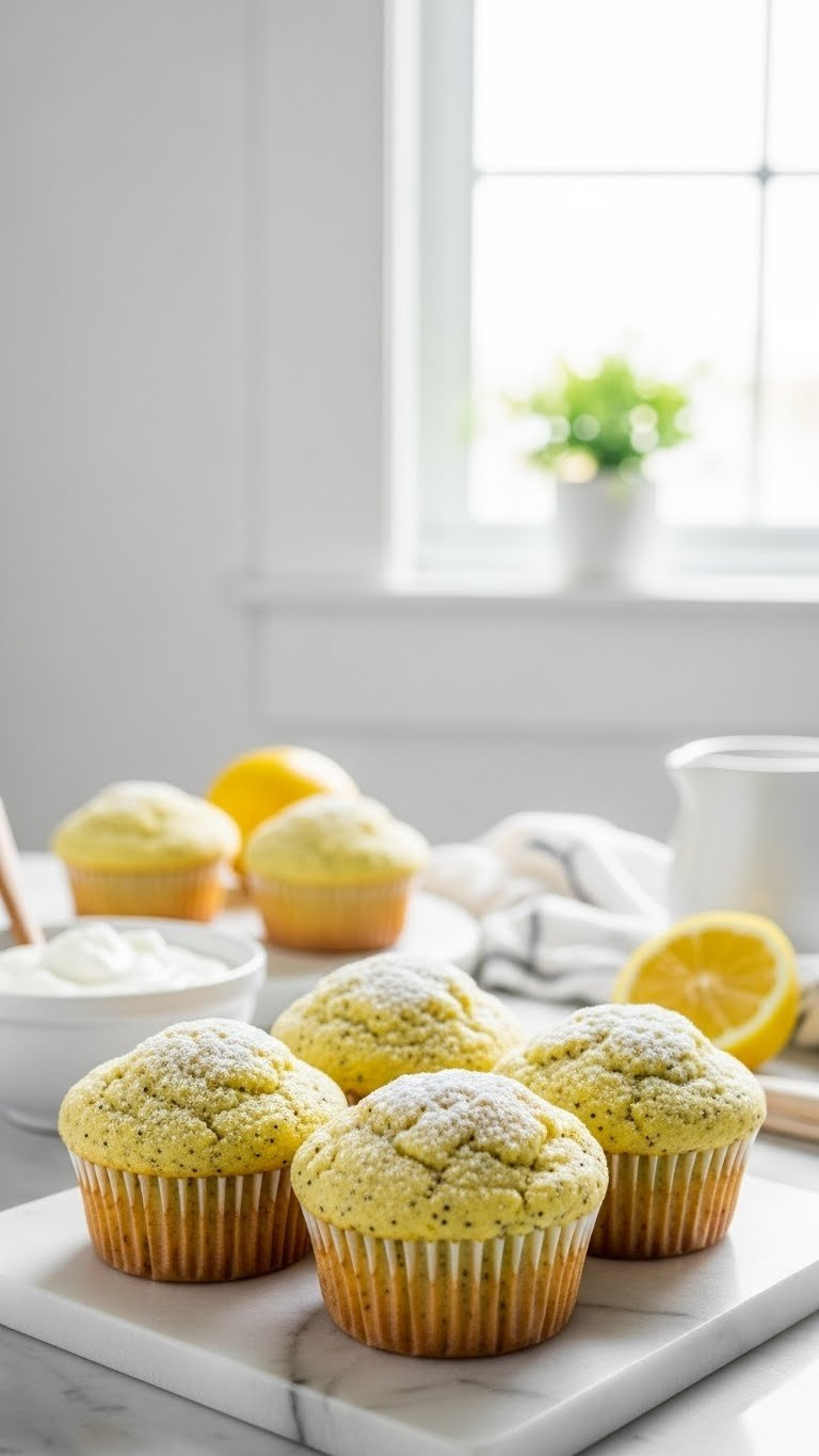 Four Fluffy, Tangy Lemon Poppy Seed Muffins With Powdered Sugar, Revealing Moist Crumb. Freshly Baked On Marble Countertop.