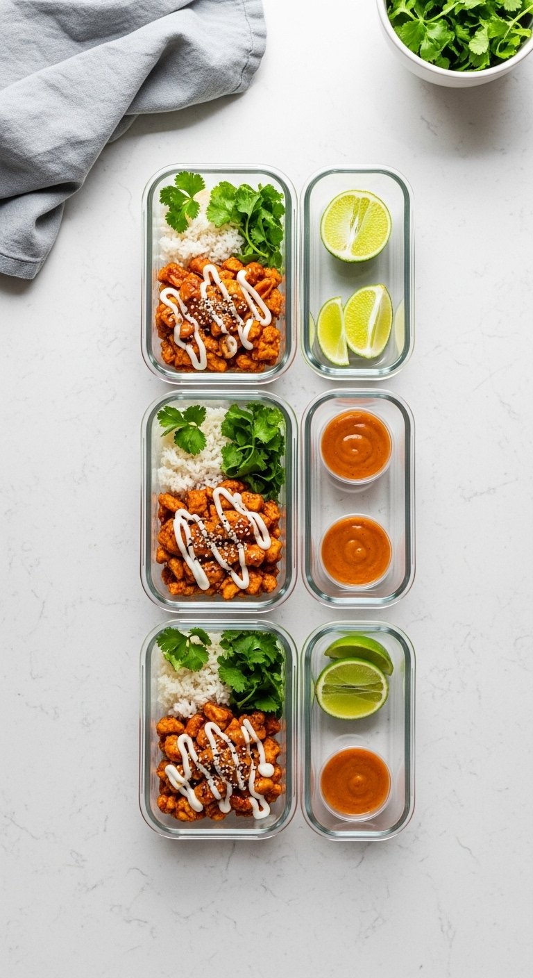 Four Glass Meal Prep Containers Filled With Deconstructed Bang Bang Chicken Bowls Arranged On A Wooden Countertop.