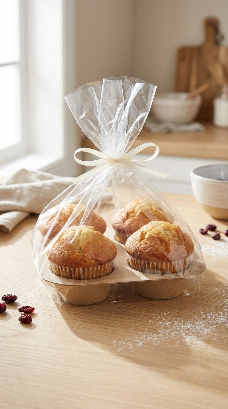 Four Golden-Brown Jumbo Muffins In Kraft Tray Wrapped With Cellophane And Ivory Ribbon On Wooden Table.