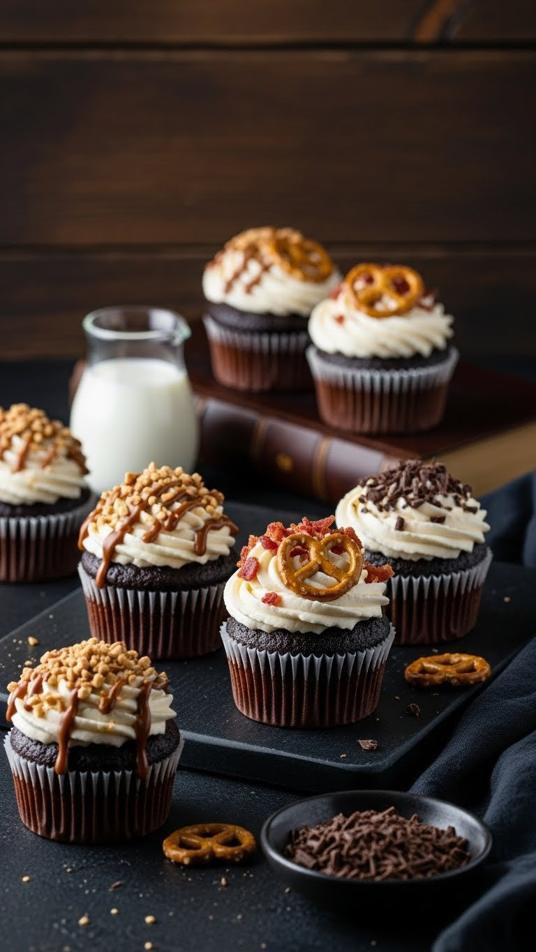 Four Gourmet Man-Friendly Cupcakes With Peanut Butter Drizzle And Pretzel Toppings On Dark Slate Board