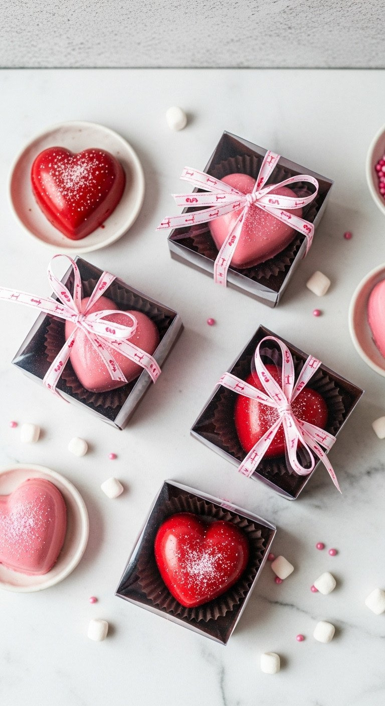 Four Heart-Shaped Pink And Red Hot Chocolate Bombs With Edible Glitter In Clear Boxes, Tied With Ribbons On A Marble Counter.