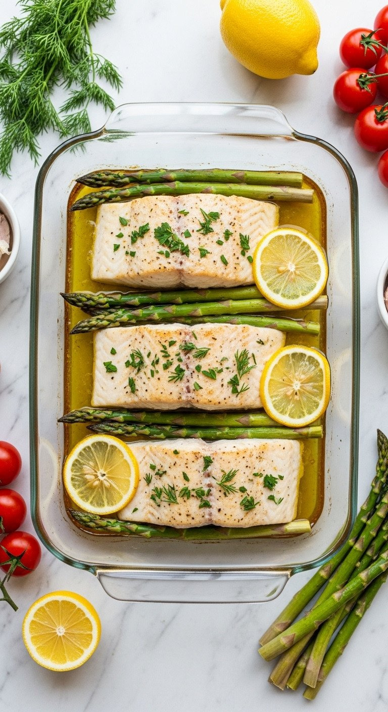 Four Moist Oven-Baked Mahi Mahi Fillets In A Glass Dish With Lemon Slices, Asparagus, Olive Oil, Fresh Dill, And Cherry Tomatoes.