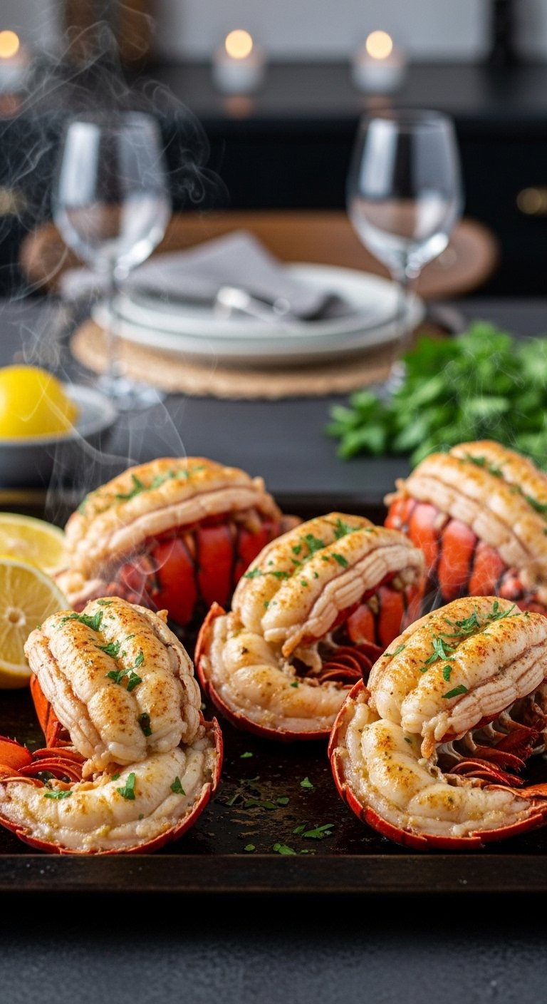 Four Perfectly Broiled Lobster Tails Glistening With Garlic Herb Butter On A Dark Rustic Baking Sheet.