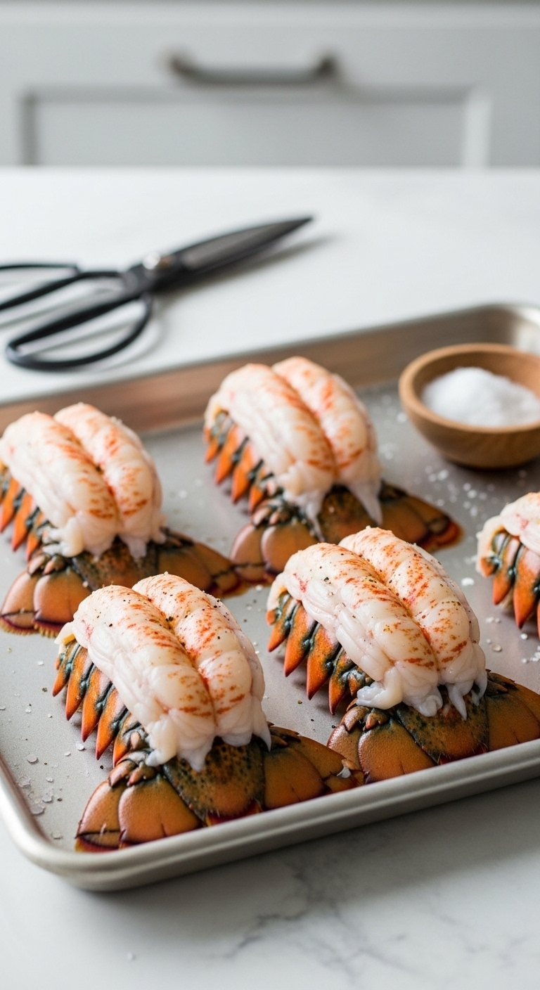 Four Raw Butterflied Lobster Tails With Translucent Meat Resting On A Light Non-Stick Baking Sheet With Kitchen Shears.