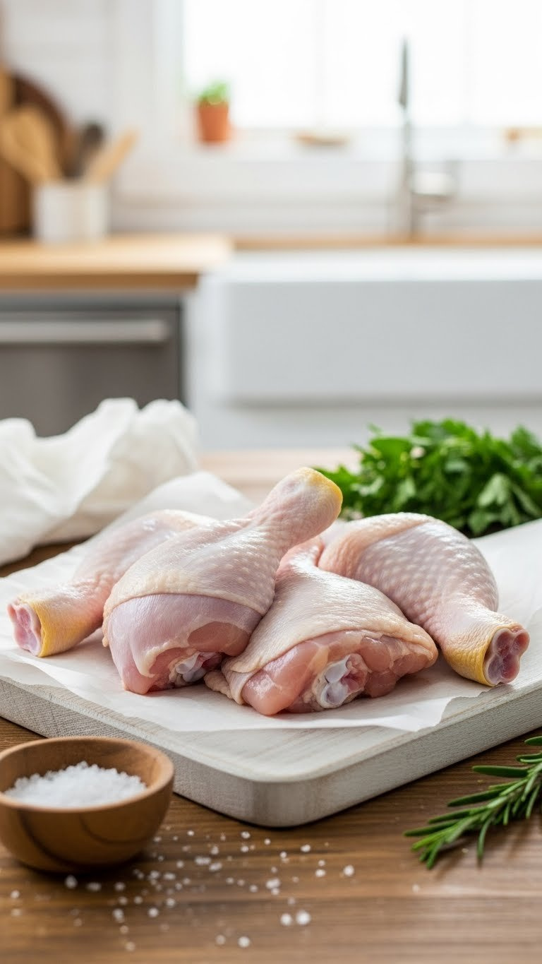 Four Raw Chicken Leg Quarters On Wooden Cutting Board With Rosemary Sprig And Coarse Salt For Seasoning Preparation