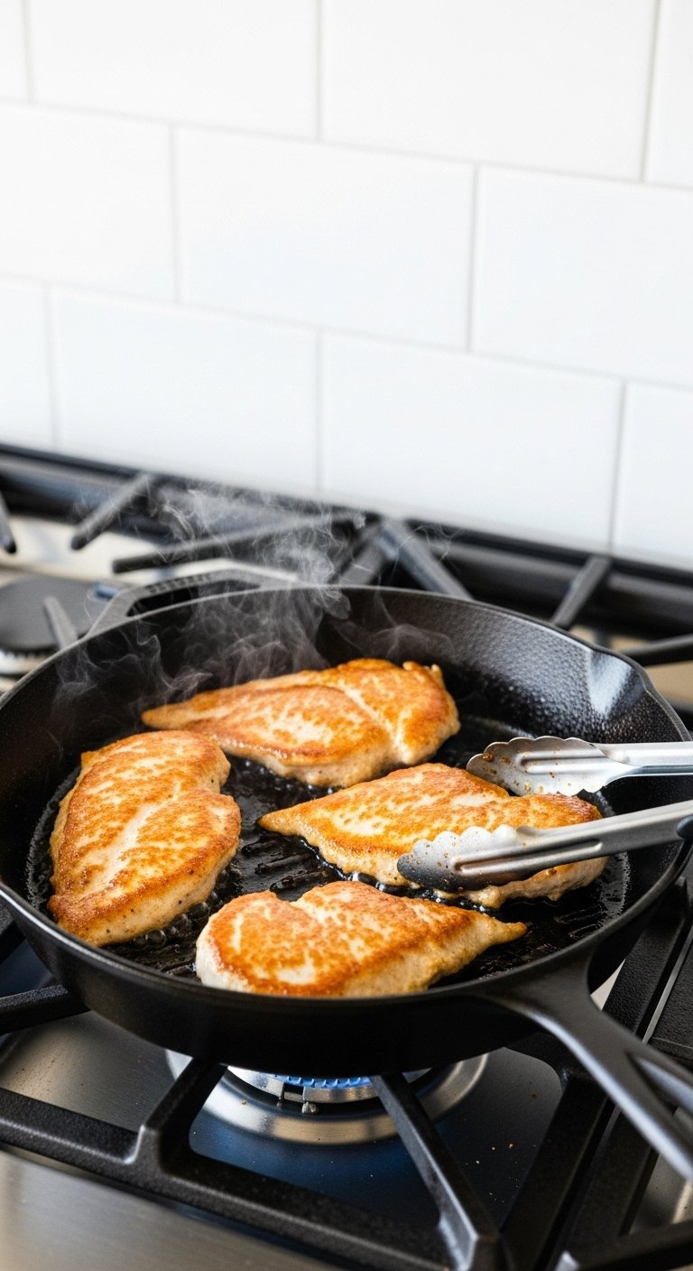 Four Thin Chicken Cutlets Achieving A Golden Brown Crust While Searing In A Hot Cast Iron Skillet On A Stove.
