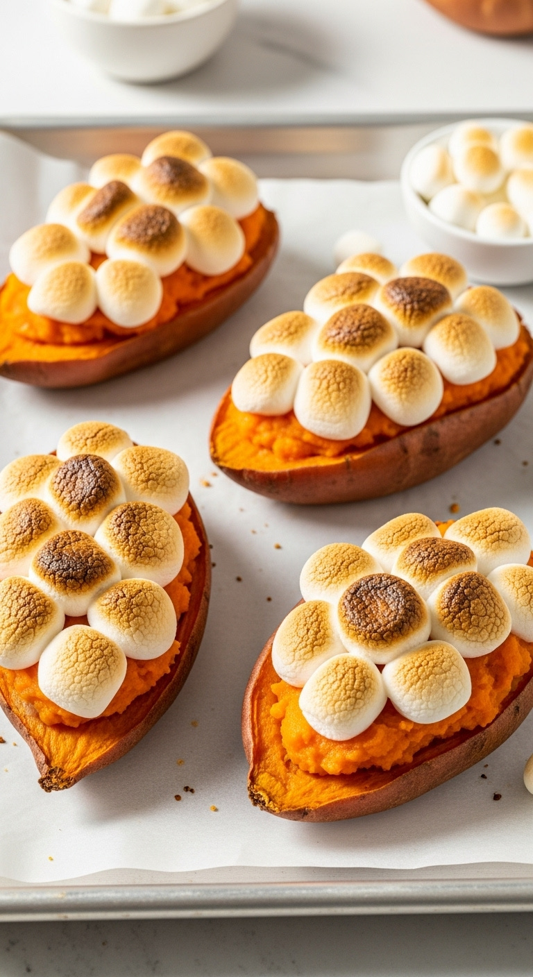 Four Twice-Baked Sweet Potato Halves Topped With Toasted Marshmallows On A Baking Sheet In A Bright Kitchen