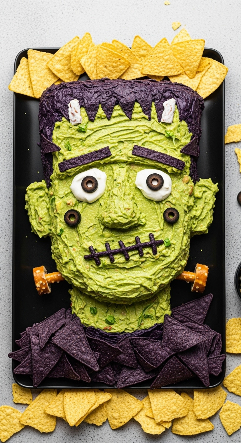Frankenguac Guacamole Platter Shaped Like Frankenstein's Head With Blue Corn Tortilla Chip Hair And Pretzel Neck Bolt