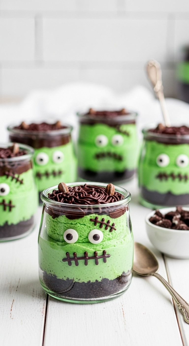 Frankenstein Mini Cheesecakes In Jars With Oreo Crust Green Cheesecake Chocolate Hair And Candy Eye On A White Wooden Tabletop