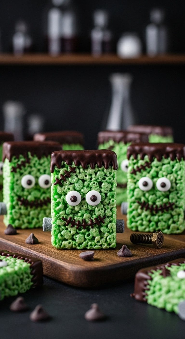 Frankenstein Rice Krispie Treats: Vibrant Green, Chocolate Hair, Stitches, Googly Eyes On A Rustic Board. Fun, Spooky Halloween Dessert.