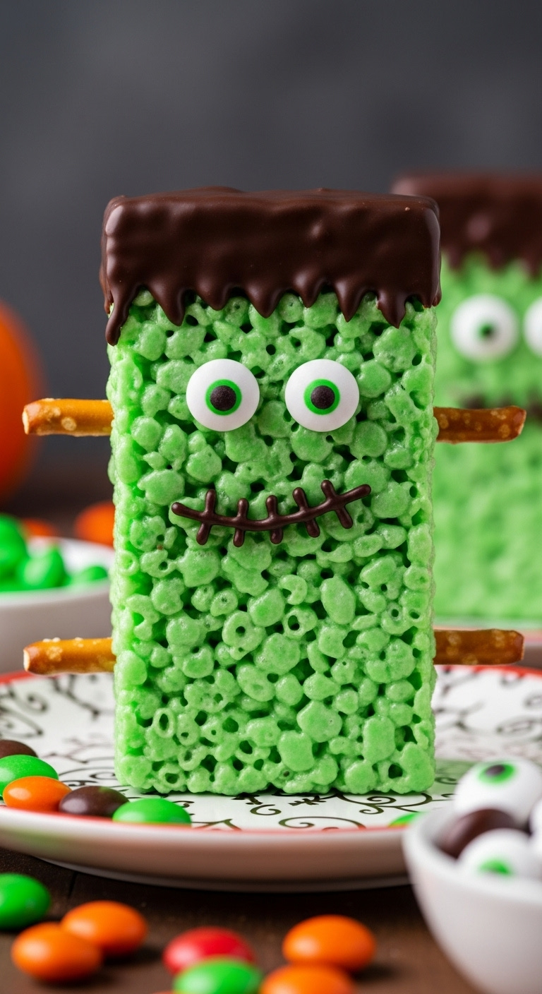 Frankenstein Rice Krispie Treat With Green Candy Melts Chocolate Hair Candy Eyeballs And Pretzel Bolts On A Halloween Plate