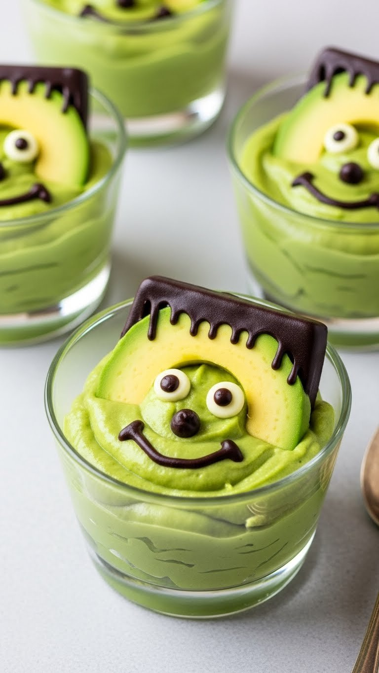 Frankenstein Avocado Pudding Cups With Vibrant Green Creamy Texture In Individual Serving Containers