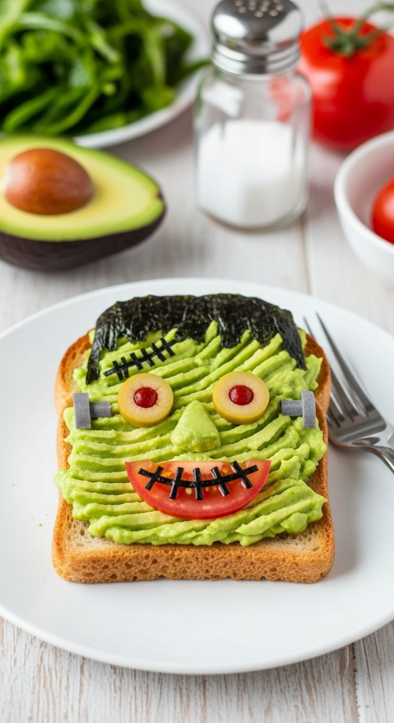 Frankenstein Avocado Toast With Olive Eyes And Seaweed Hair On A White Plate For A Fun Halloween Breakfast