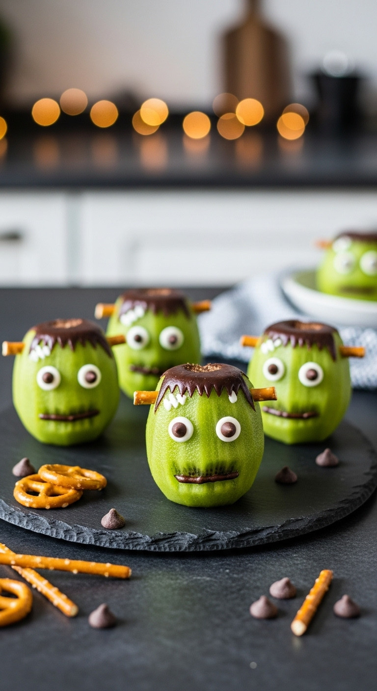 Frankenstein Kiwis With Pretzel Stick Neck Bolts And Chocolate Chip Eyes On A Dark Slate Platter For Spooky Halloween Fruit Treats