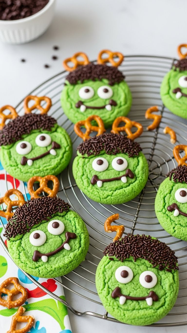 Frankenstein Monster Cookies On Wire Cooling Rack