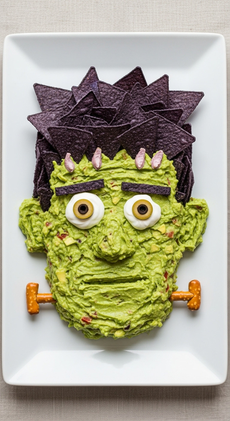 Frankensteins Monster Guacamole Dip With Blue Corn Chip Hair Sour Cream Eyes And Pretzel Bolt