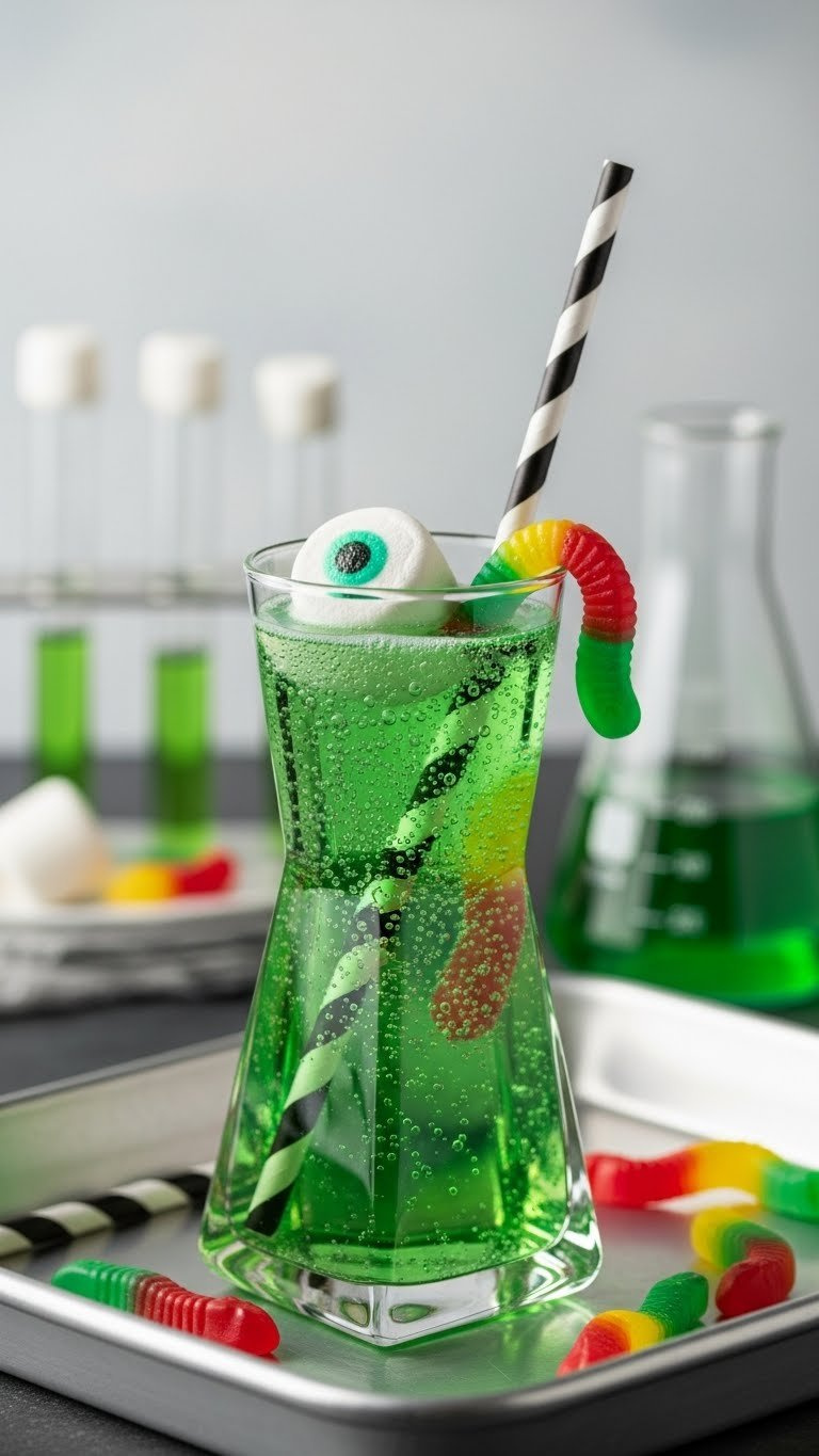 Frankenstein's Fizzy Mix In Science Beaker With Marshmallow Eyeball And Neon Green Layered Drink.