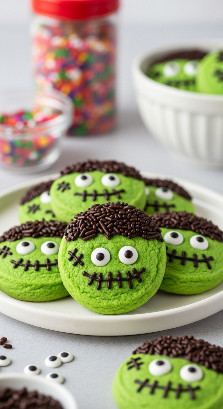 Freaky Frankenstein Cookies With Vibrant Green Frosting Candy Eyes Chocolate Sprinkle Hair And Stitched Mouths On A White Plate