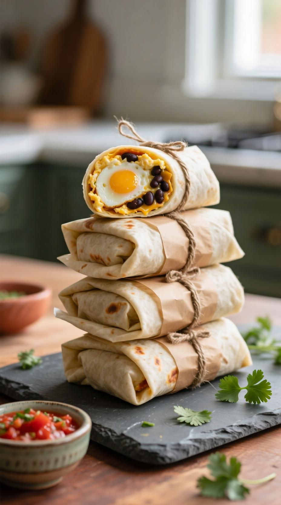 Freezer Breakfast Burritos Neatly Wrapped With One Cut Open Revealing Eggs Black Beans And Cheese On A Slate Board With Salsa And Cilantro