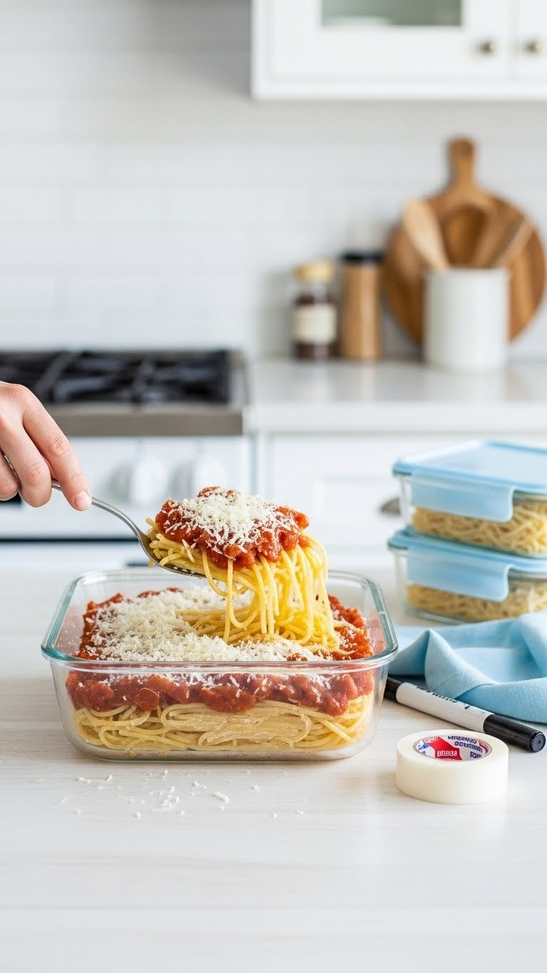Freezer-Ready Baked Spaghetti Meal Prep In Glass Container With Frost And Meal Preparation Elements