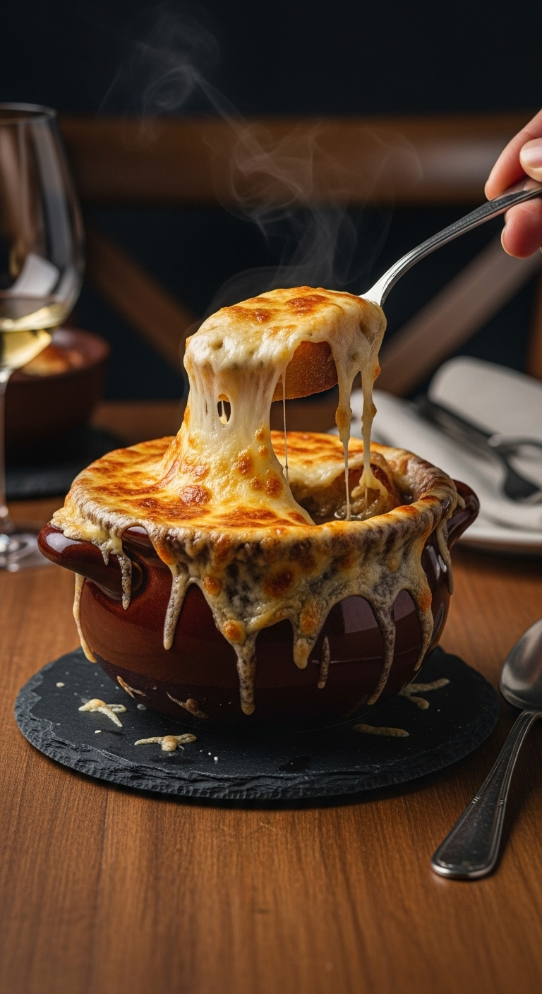 French Onion Soup In Ceramic Crock With Melted Gruyère Cheese Crust And Spoon On Slate Coaster Wooden Table