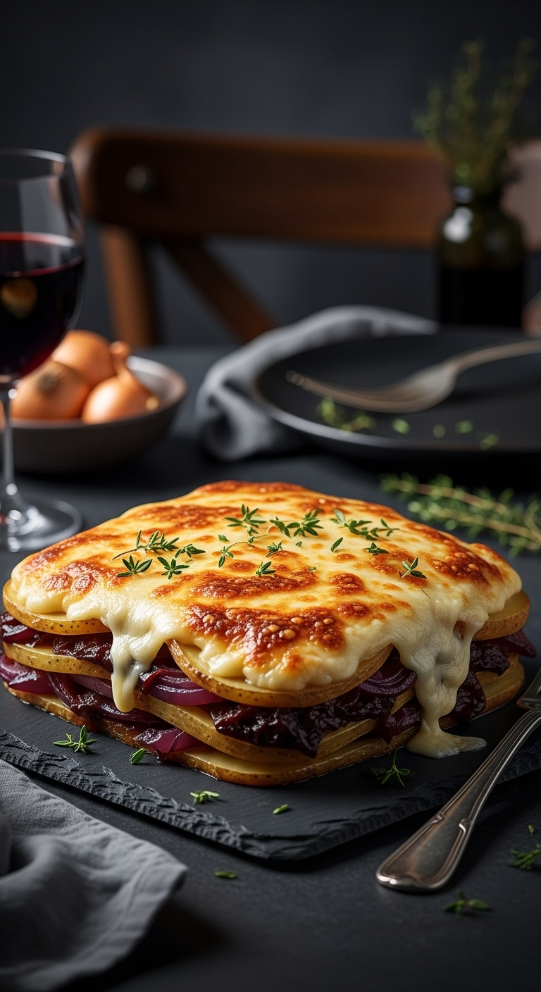French Onion Potato Bake With Melted Gruyere Cheese And Rich Onion Sauce In A Square Baking Dish