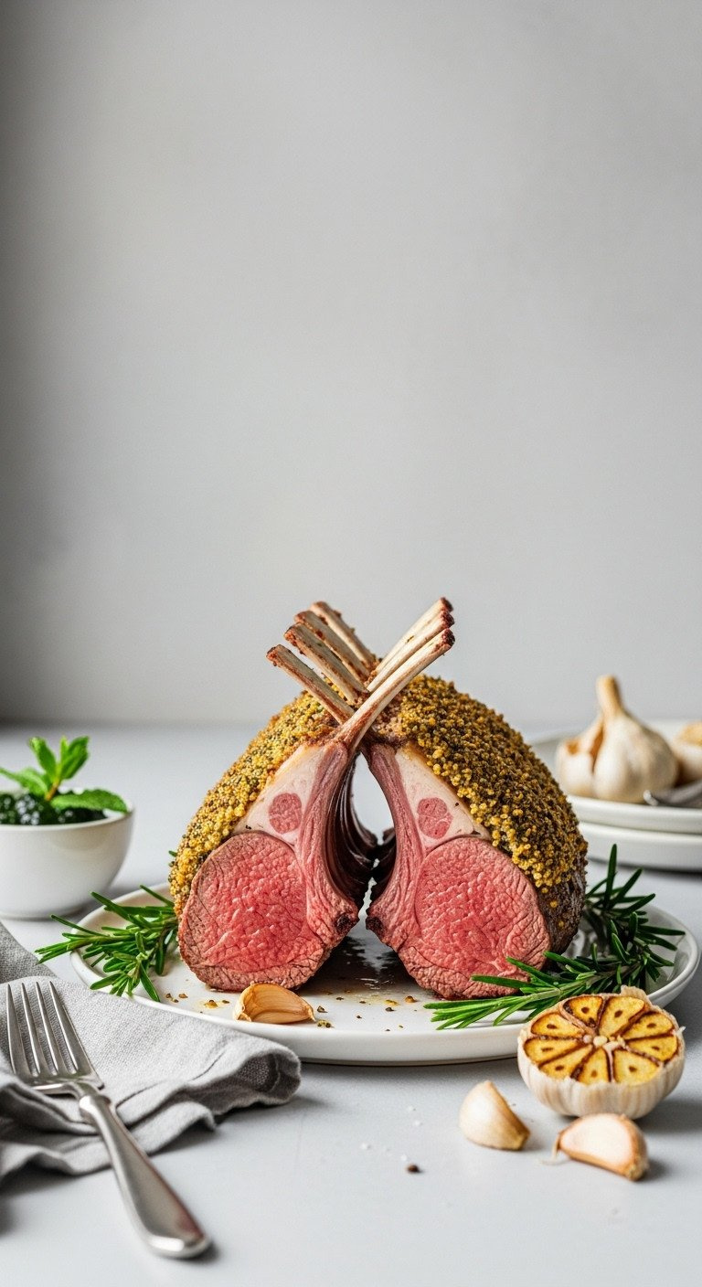 Frenched Rack Of Lamb, Medium-Rare, Herb-Garlic Crusted, Bones Interlocked On White Platter With Rosemary, Mint Jelly, And Roasted Garlic; Elegant Dinner.