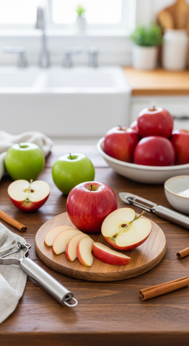 Fresh Granny Smith, Honeycrisp Baking Apples, Whole And Sliced, On Rustic Wooden Counter. Ingredients For An Apple Crisp.