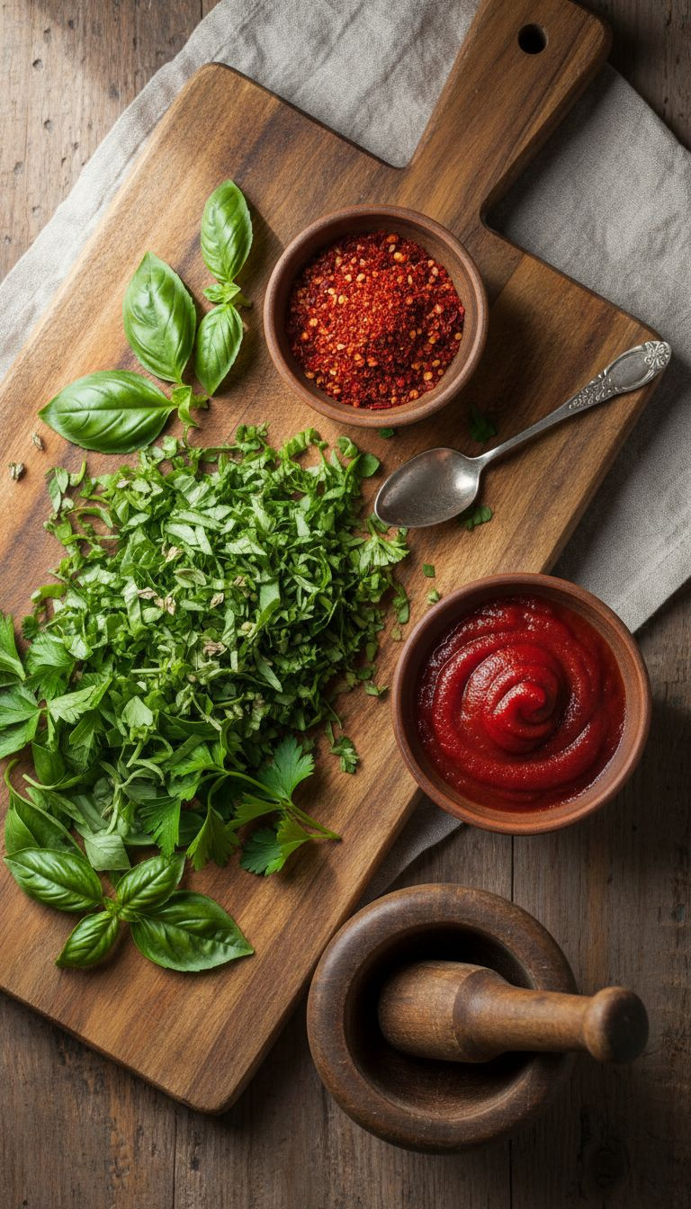 Fresh Italian Herbs: Chopped Basil, Oregano, Parsley On A Cutting Board With Red Pepper Flakes And Tomato Paste.