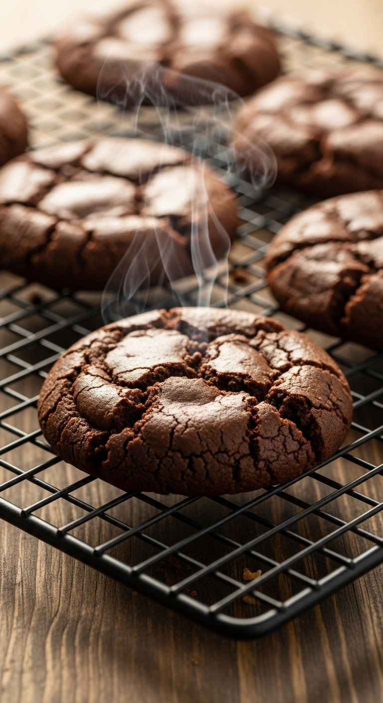 Fresh Peanut Butter Brownie Swirl Cookies With Shiny Crackly Tops Cooling On A Wire Rack Over A Wooden Table.