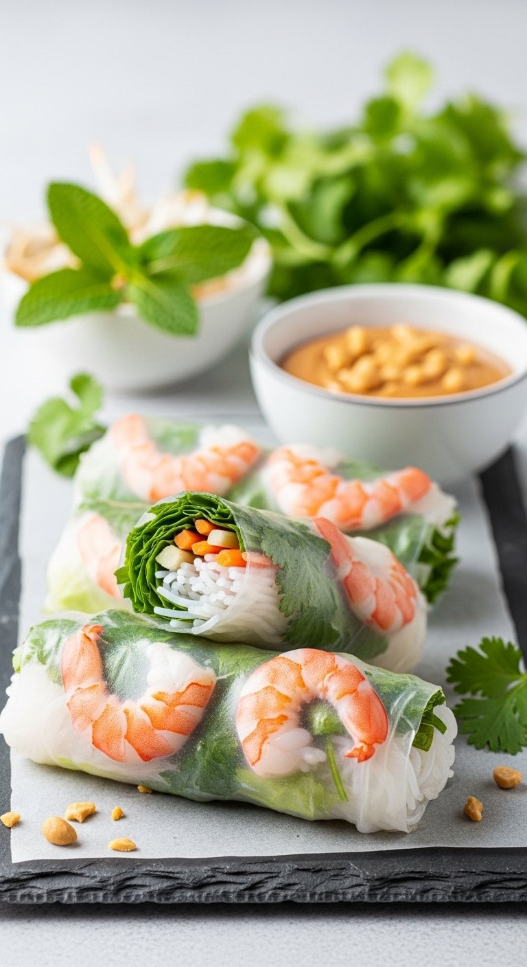 Fresh Vietnamese Summer Rolls With Shrimp, Herbs, And Noodles Served With Peanut Dipping Sauce On A Slate Board.