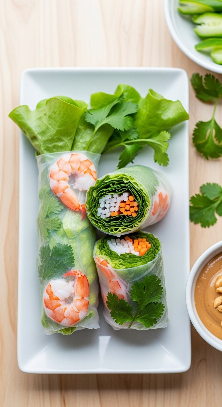 Fresh Vietnamese Spring Rolls With Shrimp And Herbs Served With Peanut Dipping Sauce.