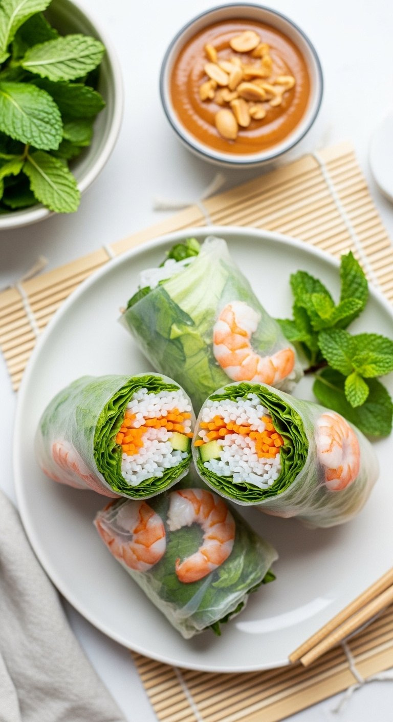 Fresh Vietnamese Summer Rolls With Shrimp, Lettuce, And Vermicelli Noodles Served With Peanut Sauce.