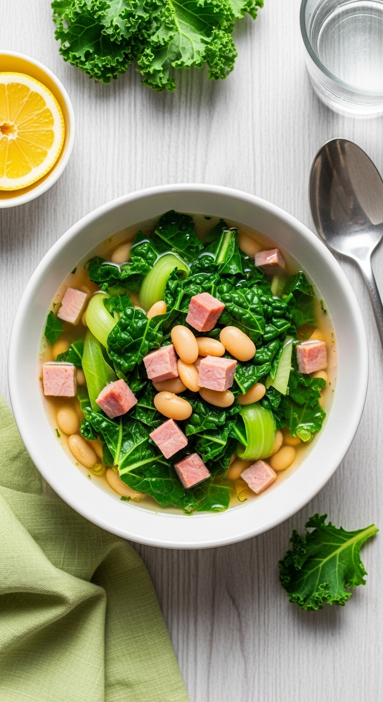 Fresh And Vibrant Healthy Ham And Bean Soup With Kale, Served In A White Bowl On A Light Wooden Surface With A Lemon Wedge.
