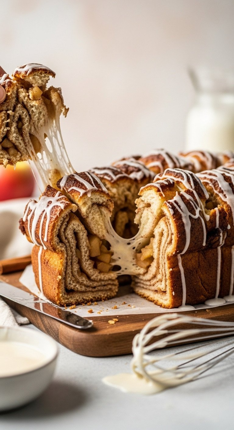 Fresh Apple Pull-Apart Bread With Sweet Glaze, One Piece Revealing Gooey Cinnamon-Apple Interior. Cozy Homemade Treat.