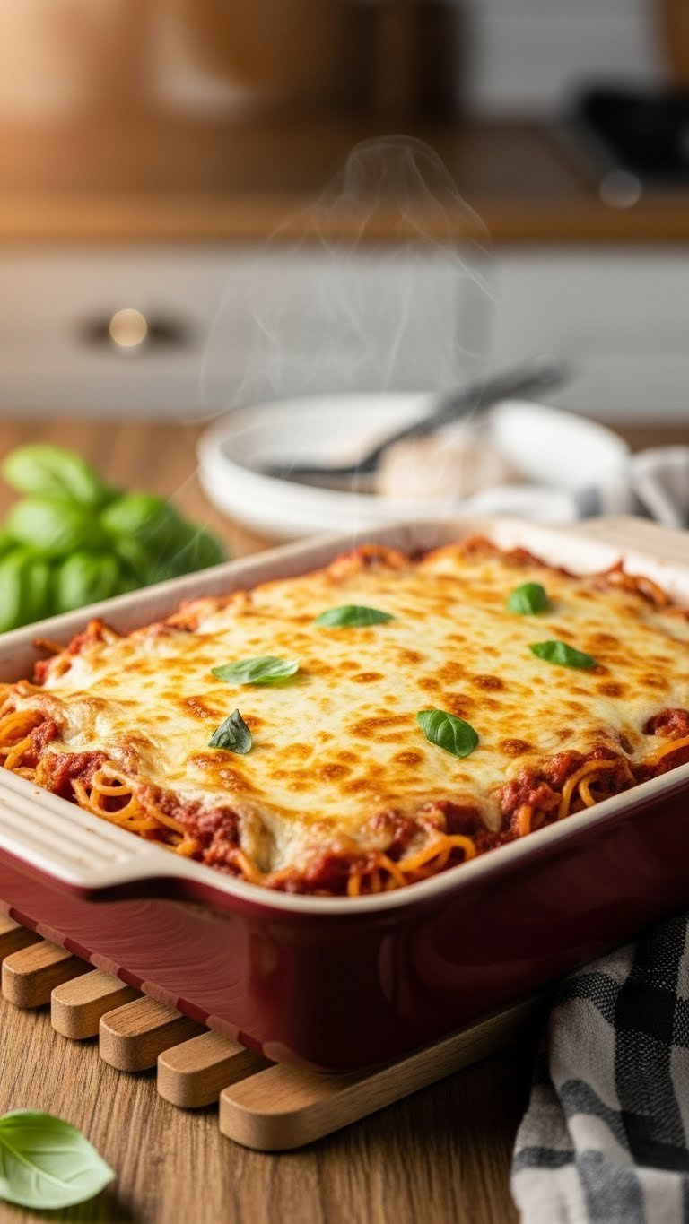 Fresh Baked Spaghetti With Golden Brown Bubbly Cheese Topping Steaming From Oven In Ceramic Baking Dish