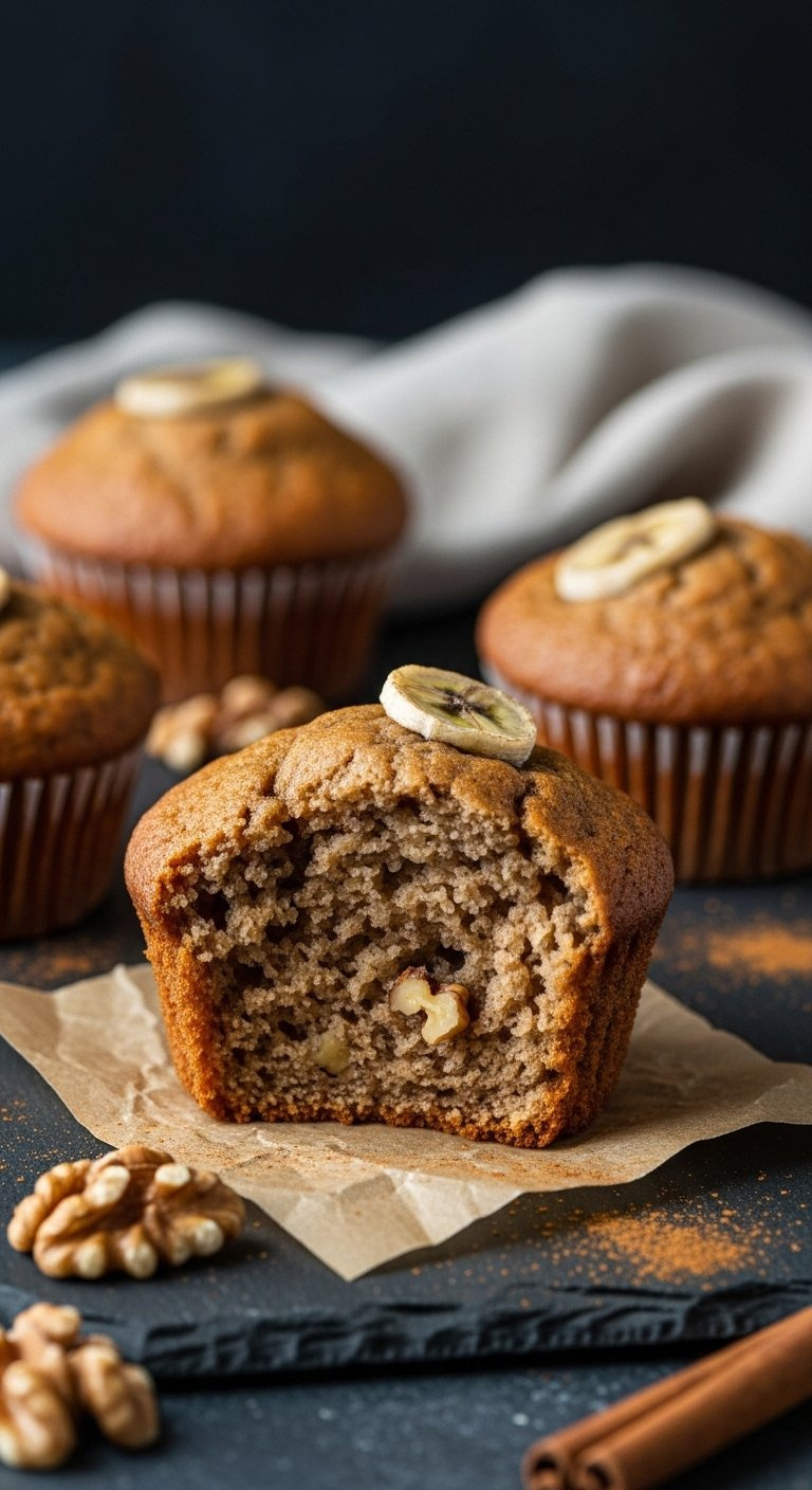 Fresh Banana Muffin Cracked Open To Reveal Moist Crumb And Walnuts On Dark Slate.