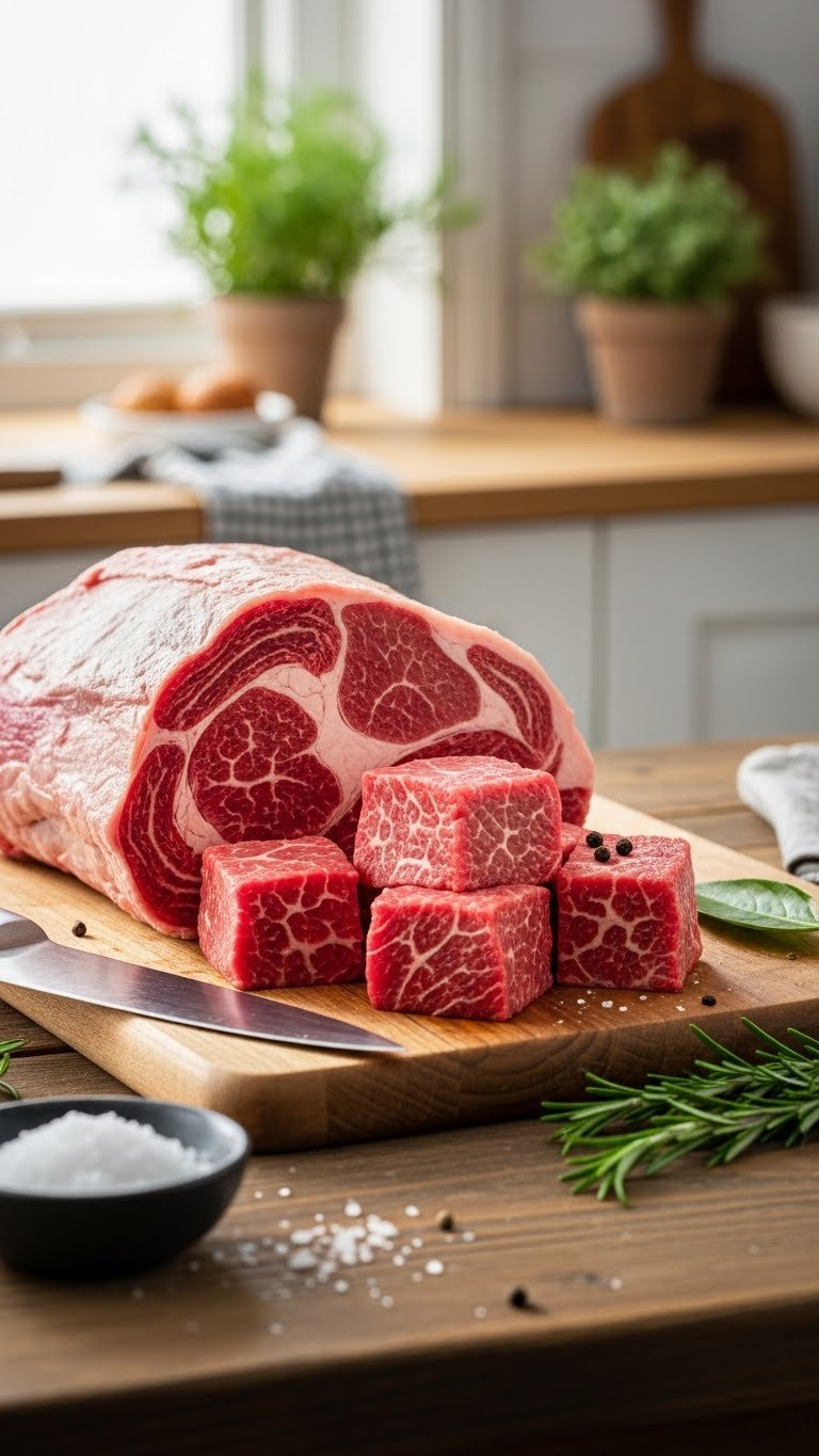 Fresh Beef Chuck Roast Cubes On Rustic Wooden Cutting Board With Chef's Knife And Rosemary Sprig For Stew Preparation