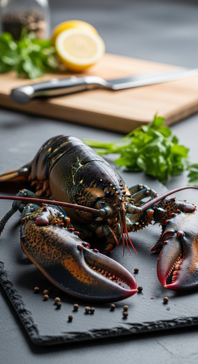 Fresh Blue-Shelled Lobster Resting On A Dark Slate Cutting Board With Parsley And Peppercorns In A Professional Kitchen Setting.