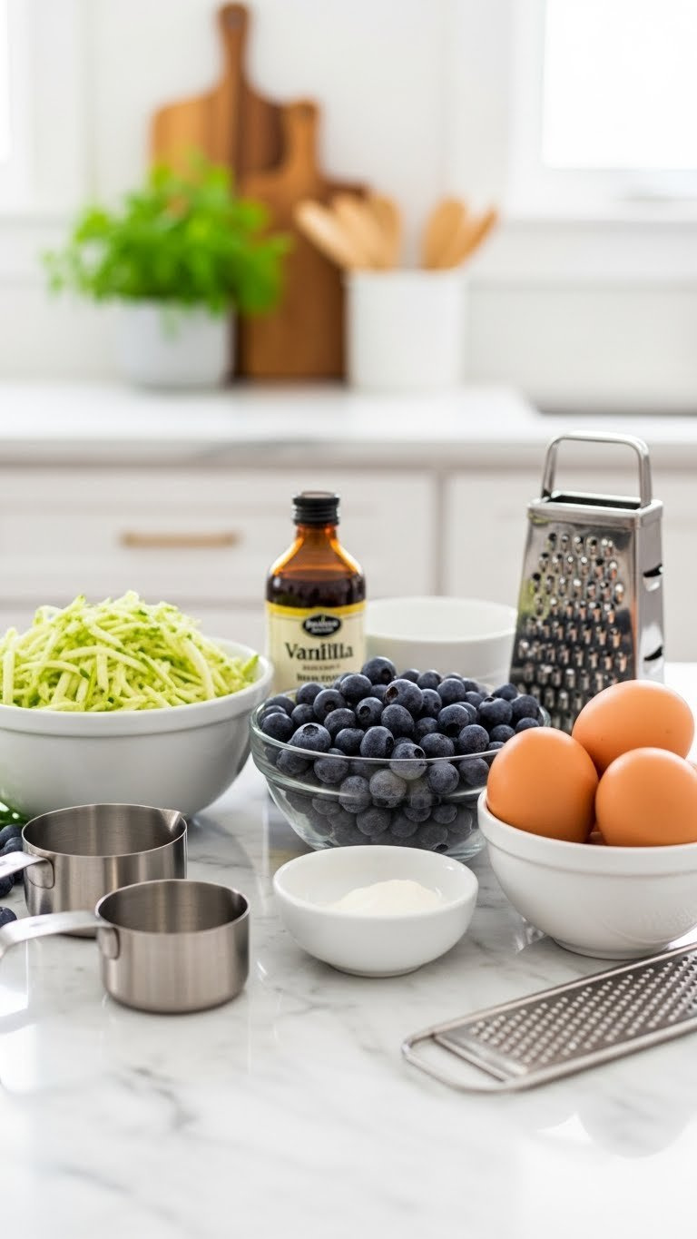 Fresh Blueberry Zucchini Bread Ingredients Artfully Arranged Including Shredded Zucchini, Blueberries, Eggs, And Vanilla Extract On Marble Countertop