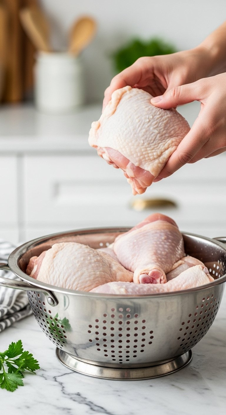 Fresh Bone-In Chicken Thighs And Drumsticks Glistening In A Stainless Steel Colander On A Marble Countertop.
