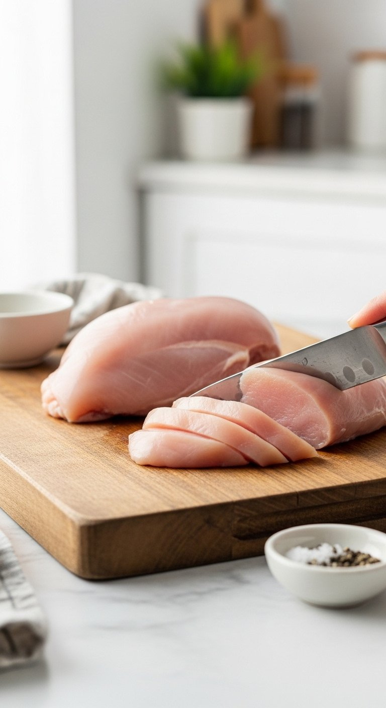 Fresh Boneless Chicken Breasts Being Sliced Into Cutlets On A Rustic Wooden Cutting Board With A Chef's Knife.