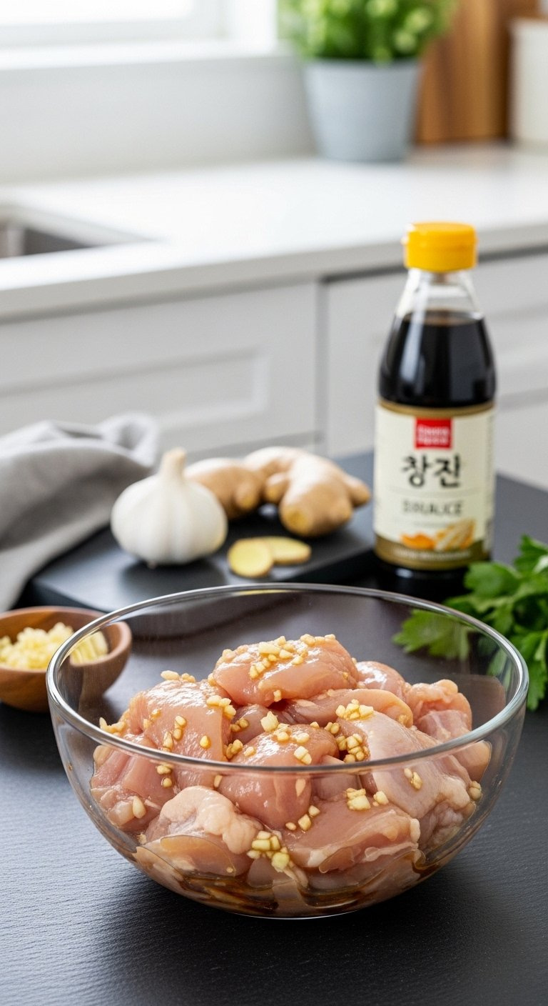 Fresh Boneless Chicken Thigh Pieces Glistening In A Soy Sauce Ginger Garlic Marinade Bowl.