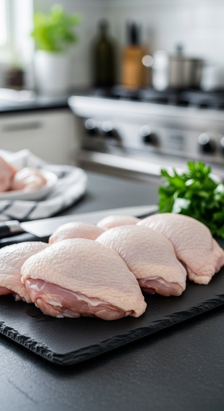 Fresh Boneless Chicken Thighs Arranged On A Dark Slate Cutting Board With A Chef Knife And Parsley.