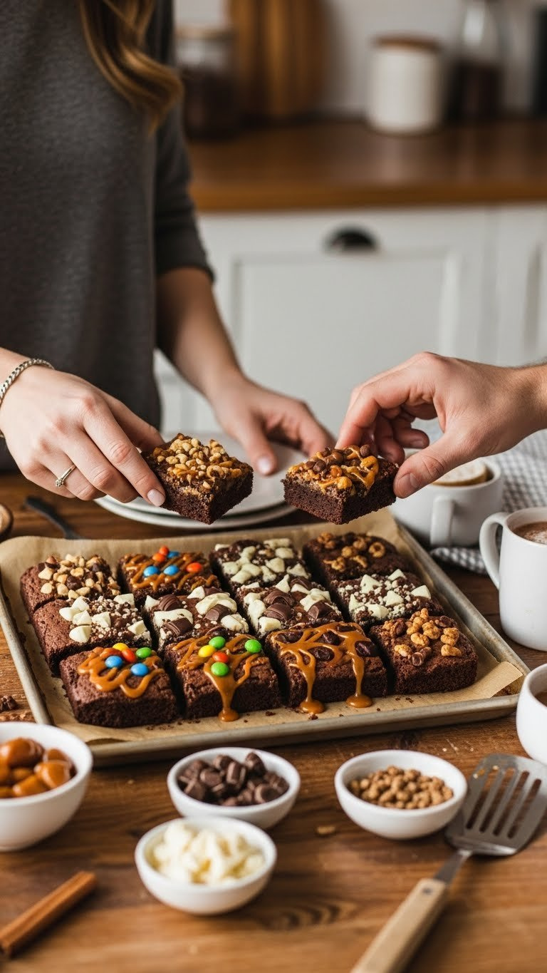 Fresh Brownie Bars With Caramel Drizzle And Candy Toppings On Baking Sheet With Couple's Hands Reaching
