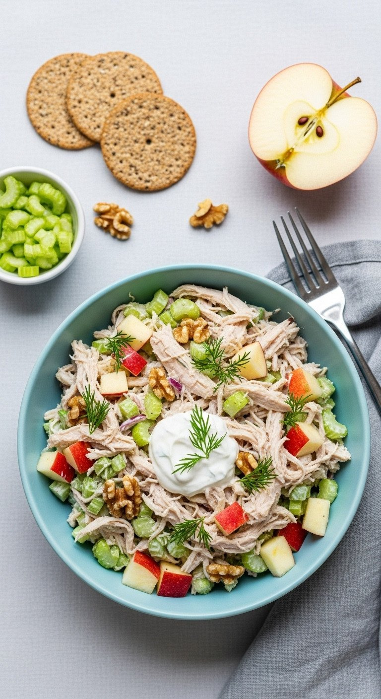 Fresh Chicken Salad With Crisp Apple Chunks, Walnuts, And Dill In A Light Blue Ceramic Bowl. Served With Crackers.