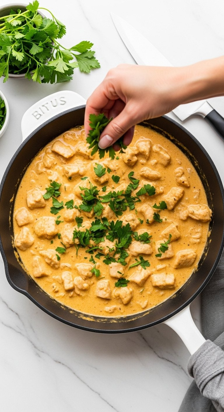 Fresh Chopped Parsley Garnishes Creamy Ranch Chicken In A Skillet On A White Marble Countertop.