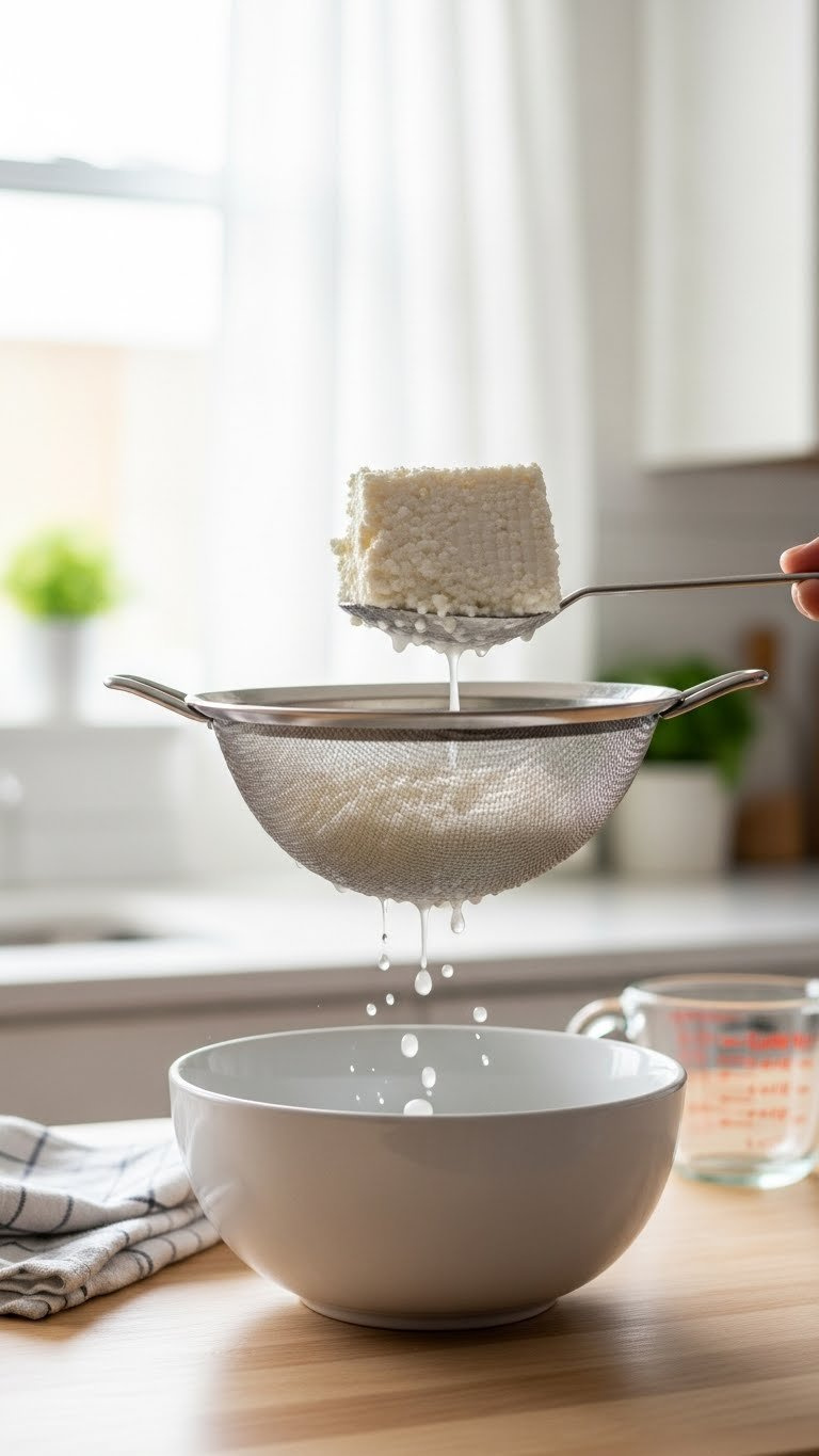 Fresh Cottage Cheese Draining In Stainless Steel Fine-Mesh Sieve With Whey Dripping Into White Ceramic Bowl