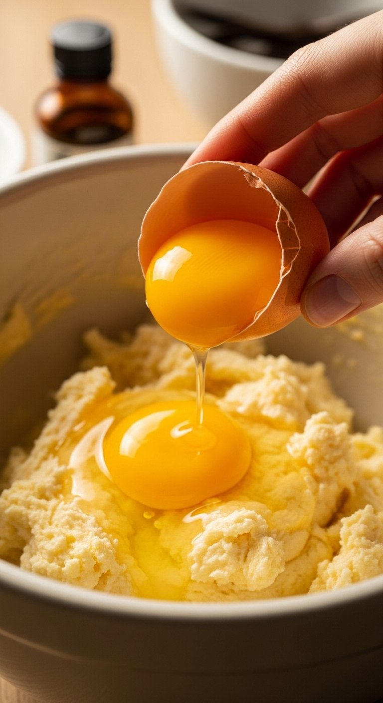 Fresh Cracked Egg With Vibrant Yolk Sitting In A Bowl Of Creamed Butter And Sugar Mixture.